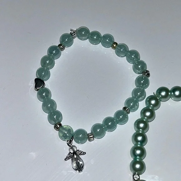 Chic Silver and Aqua Beaded Bracelet Duo - Picture 3 of 3